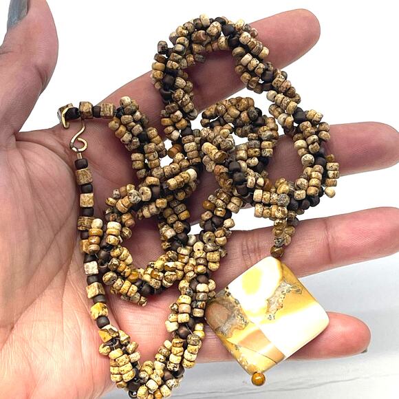 Vintage Semi Precious Braided Stone Necklace Gem Pendant B#6 - Picture 1 of 10